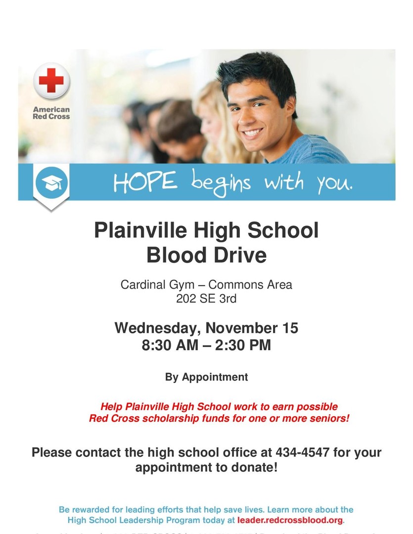 Plainville USD 270 RED CROSS Blood Drive November 15th at PHS.